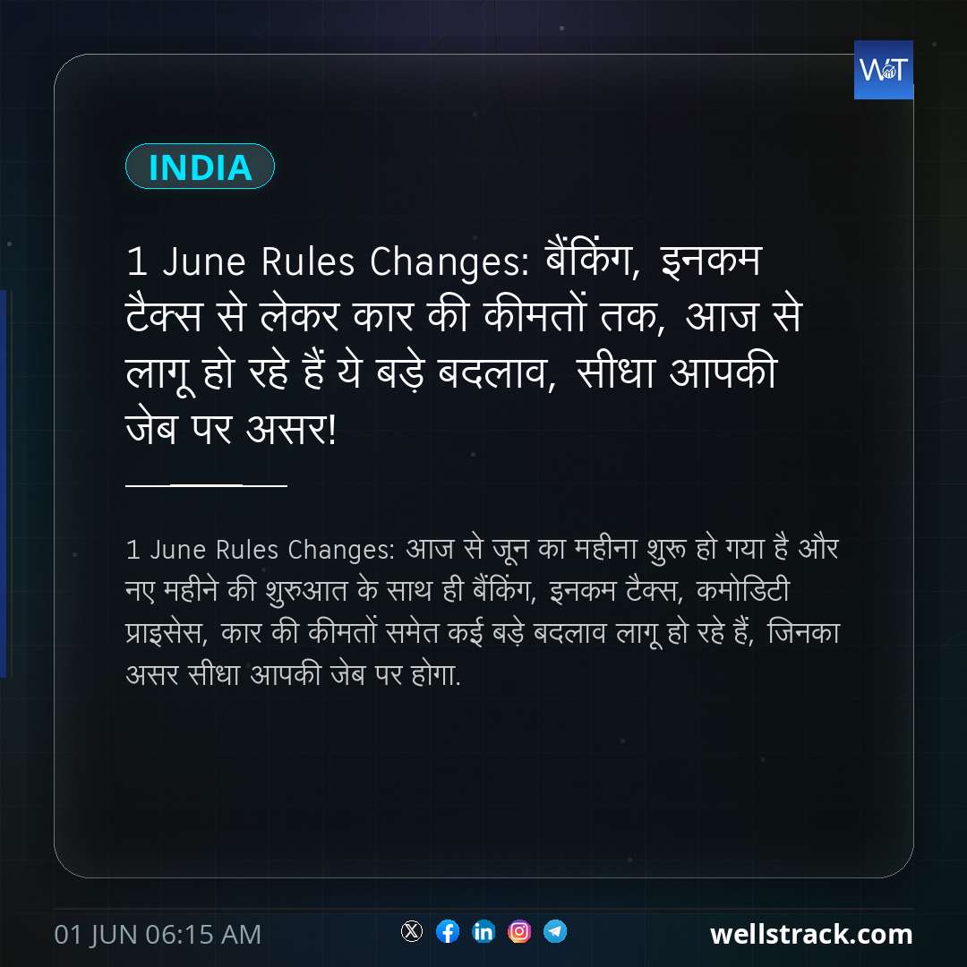 1 June Rules Changes: बैंकिंग, इनकम टैक्‍स से लेकर कार की कीमतों तक, आज से लागू हो रहे हैं ये बड़े बदलाव, सीधा आपकी जेब पर असर! — WellsTrack