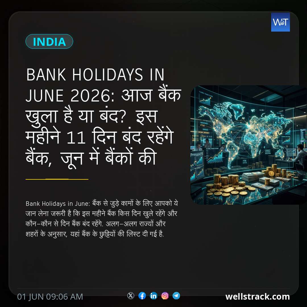 Bank holidays in June 2026: आज बैंक खुला है या बंद? इस महीने 11 दिन बंद रहेंगे बैंक, जून में बैंकों की छुट्टियों की लिस्‍ट ये रही — WellsTrack