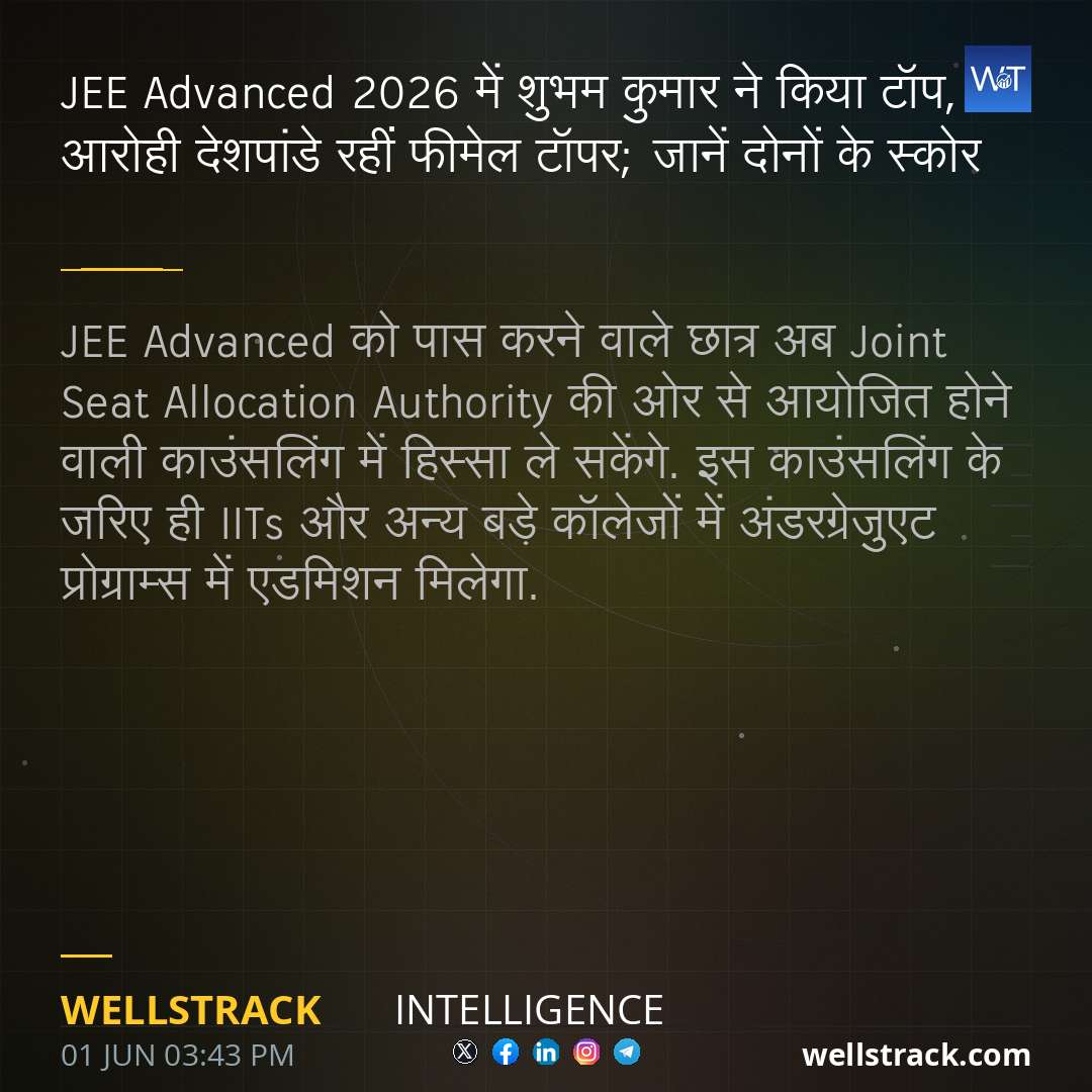 JEE Advanced 2026 में शुभम कुमार ने किया टॉप, आरोही देशपांडे रहीं फीमेल टॉपर; जानें दोनों के स्कोर — WellsTrack
