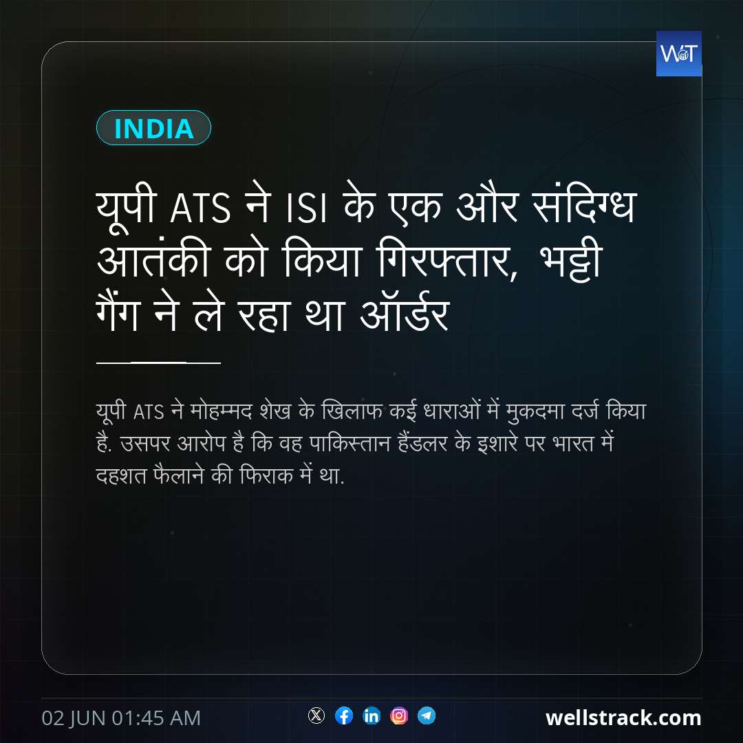 यूपी ATS ने ISI के एक और संदिग्ध आतंकी को किया गिरफ्तार, भट्टी गैंग ने ले रहा था ऑर्डर — WellsTrack