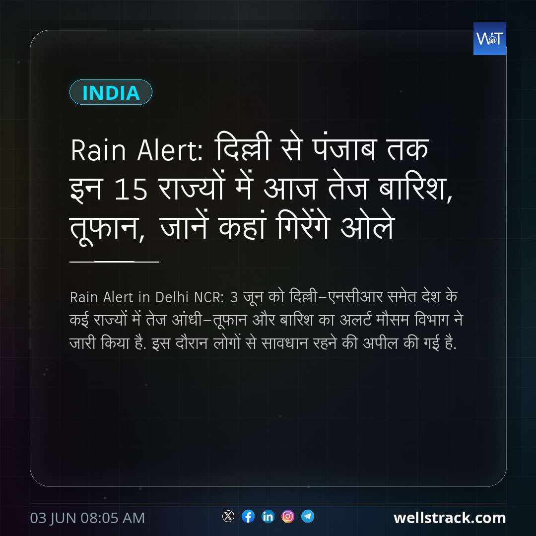 Rain Alert: दिल्ली से पंजाब तक इन 15 राज्यों में आज तेज बारिश, तूफान, जानें कहां गिरेंगे ओले — WellsTrack