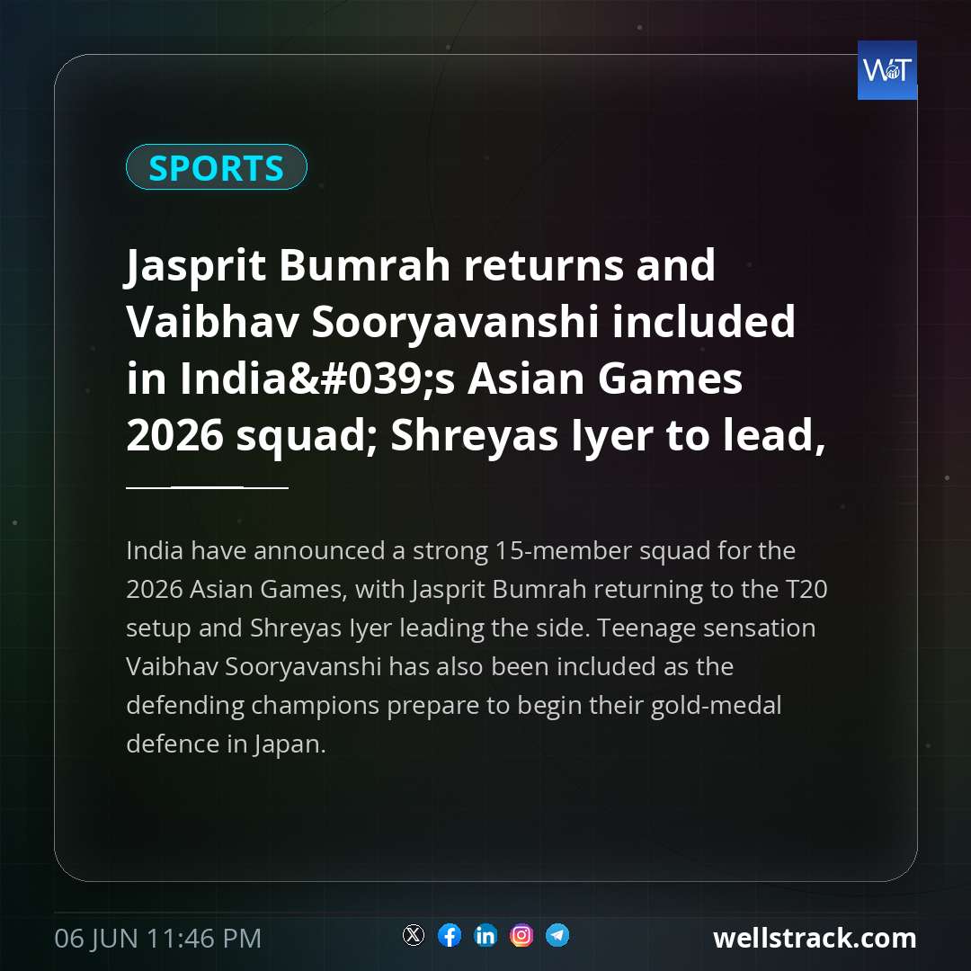 Jasprit Bumrah returns and Vaibhav Sooryavanshi included in India's Asian Games 2026 squad; Shreyas Iyer to lead, Check full team — WellsTrack