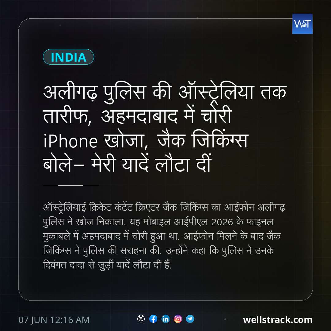 अलीगढ़ पुलिस की ऑस्ट्रेलिया तक तारीफ, अहमदाबाद में चोरी iPhone खोजा, जैक जिकिंग्स बोले- मेरी यादें लौटा दीं — WellsTrack
