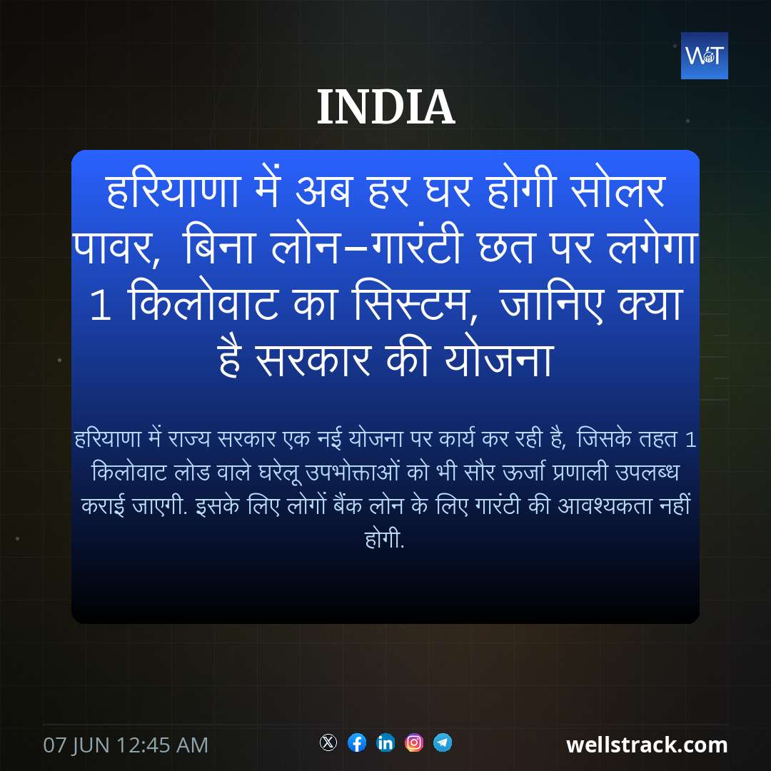 हरियाणा में अब हर घर होगी सोलर पावर, बिना लोन-गारंटी छत पर लगेगा 1 किलोवाट का सिस्टम, जानिए क्या है सरकार की योजना — WellsTrack