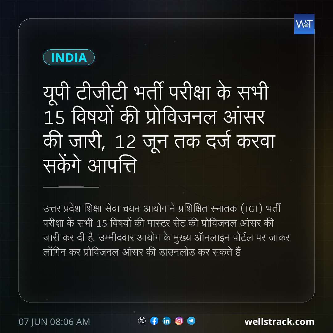 यूपी टीजीटी भर्ती परीक्षा के सभी 15 विषयों की प्रोविजनल आंसर की जारी, 12 जून तक दर्ज करवा सकेंगे आपत्ति — WellsTrack