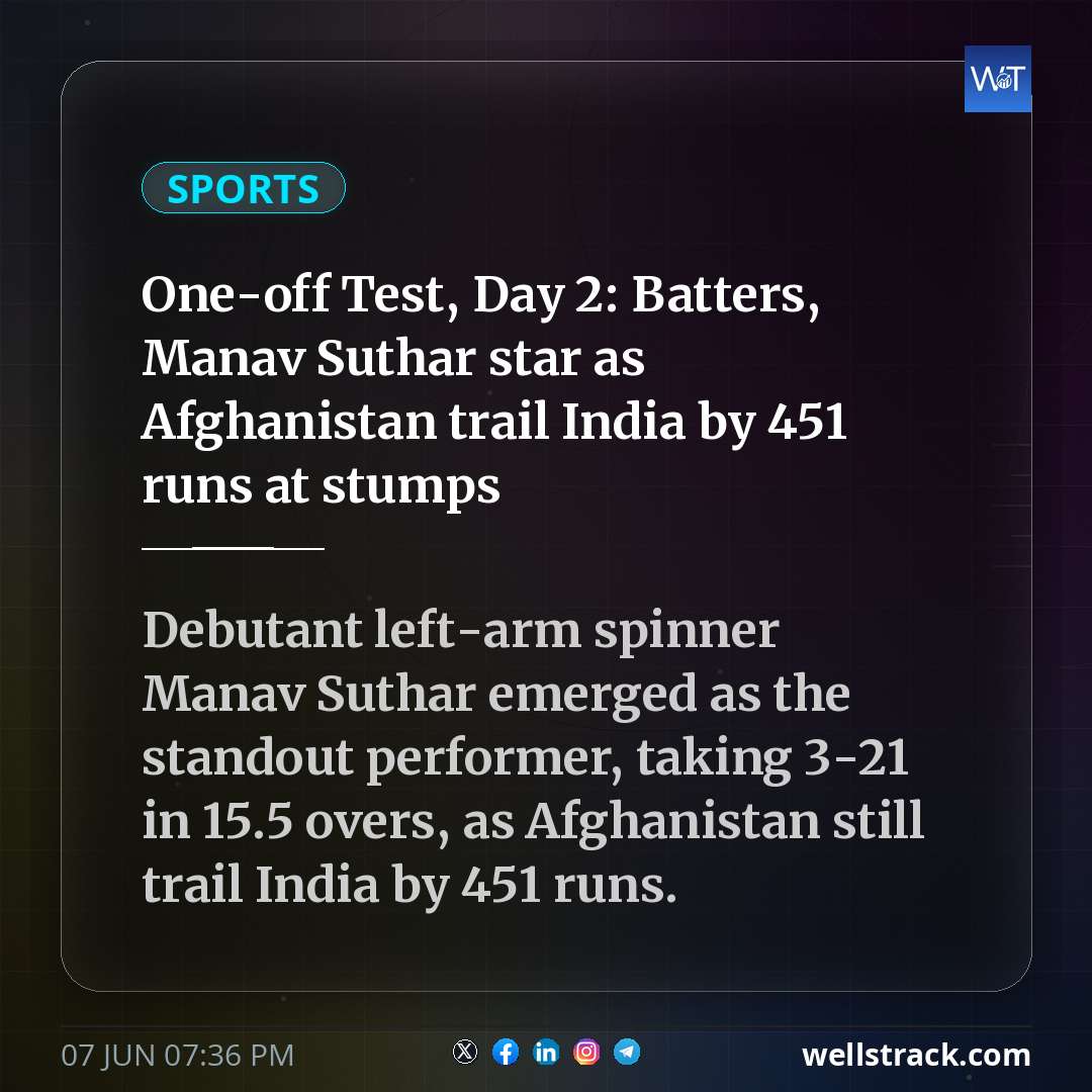 One-off Test, Day 2: Batters, Manav Suthar star as Afghanistan trail India by 451 runs at stumps