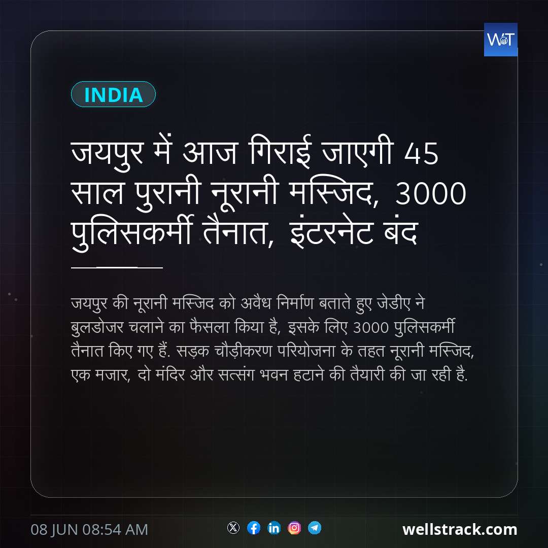 जयपुर में आज गिराई जाएगी 45 साल पुरानी नूरानी मस्जिद, 3000 पुलिसकर्मी तैनात, इंटरनेट बंद