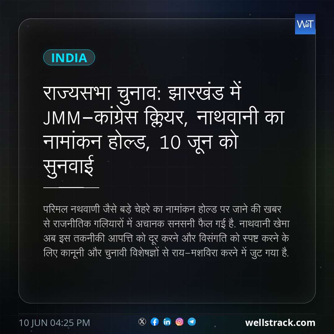 राज्‍यसभा चुनाव: झारखंड में JMM-कांग्रेस क्लियर, नाथवानी का नामांकन होल्‍ड, 10 जून को सुनवाई — WellsTrack