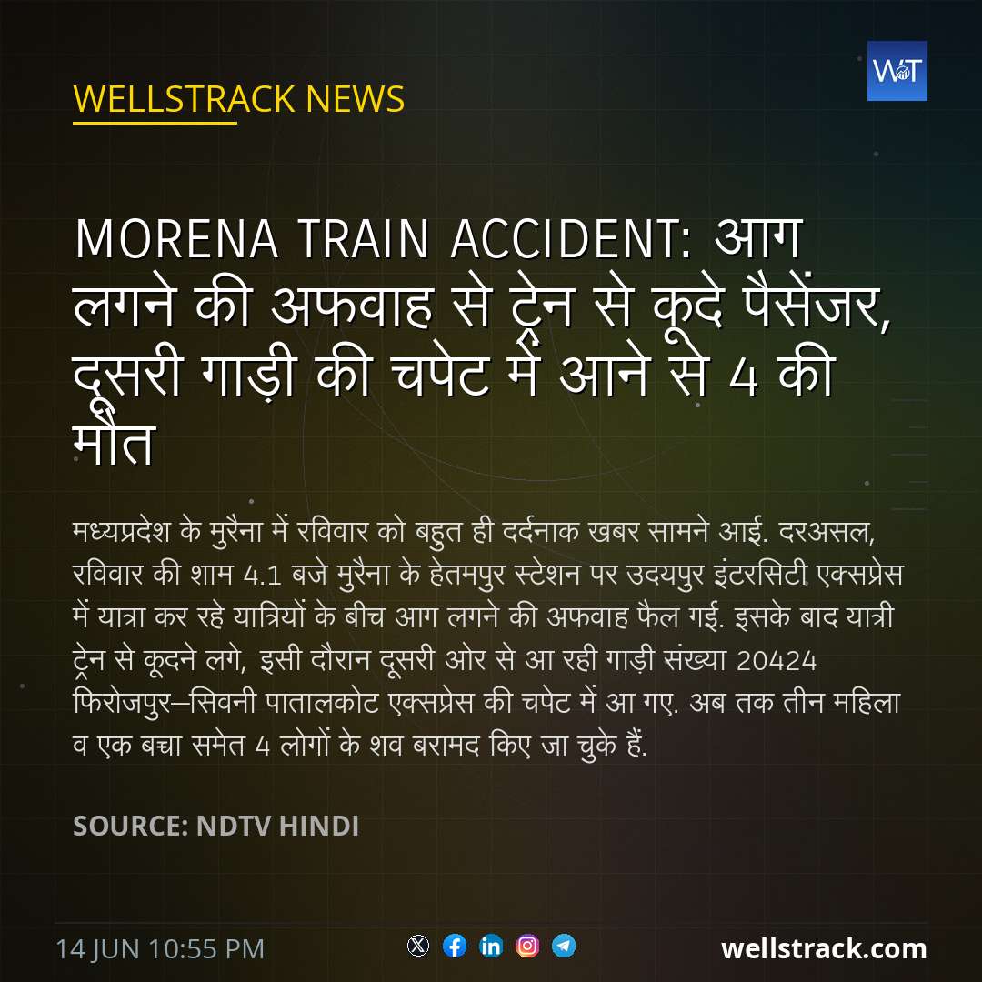 Morena Train Accident: आग लगने की अफवाह से ट्रेन से कूदे पैसेंजर, दूसरी गाड़ी की चपेट में आने से 4 की मौत — WellsTrack